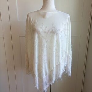 J.R. Nites by Caliendo Sheer White Beaded Poncho with Fringe | One Size